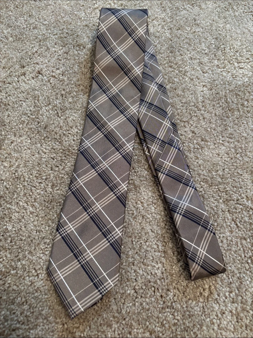 Michael Kors Brown Plaid Silk Tie with Navy and Cream Stripes